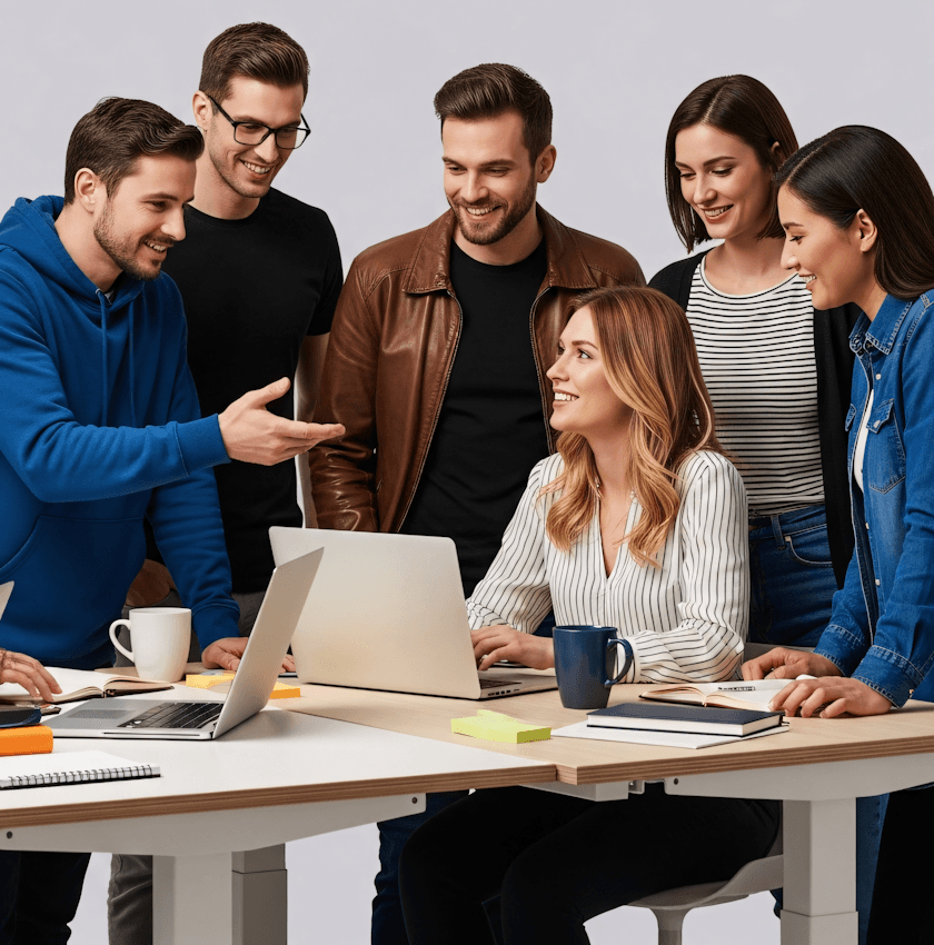 Team collaborating around a laptop